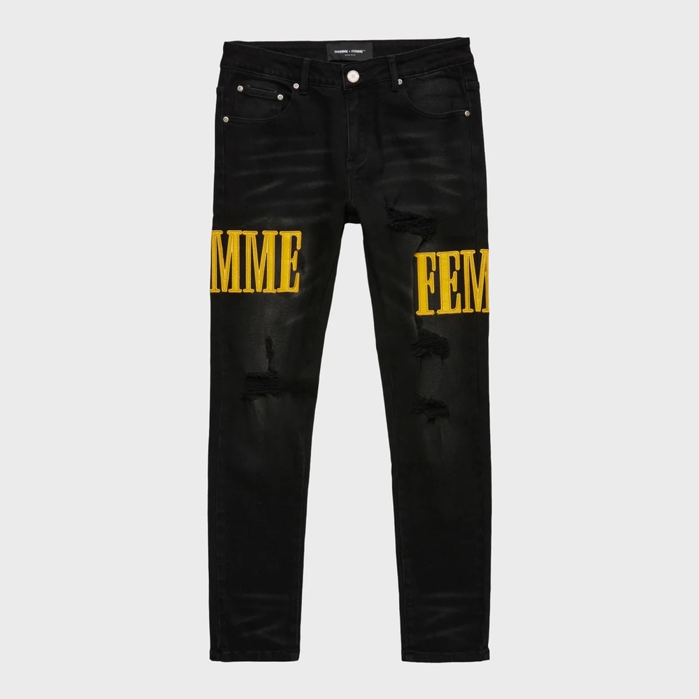 HOMME + FEMME BLACK DENIM WITH YELLOW LETTERS